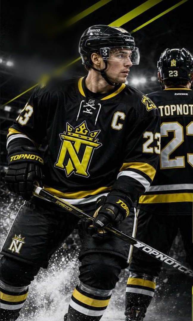 Ice hockey player in a black and gold Top Notch Sports custom uniform, captain's C on the chest, teammate number 23 behind