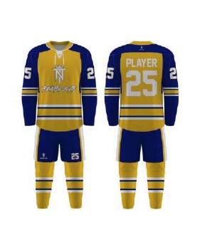 The same hockey uniform design in the catalog gold and royal blue colorway